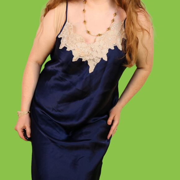 Vintage Navy Blue Jaclyn Smith Slip Dress with Lace, XL - Picture 7 of 7